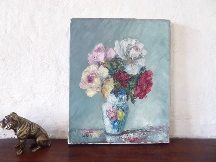 Painting oil on canvas bouquet of flowers signed b. rabel