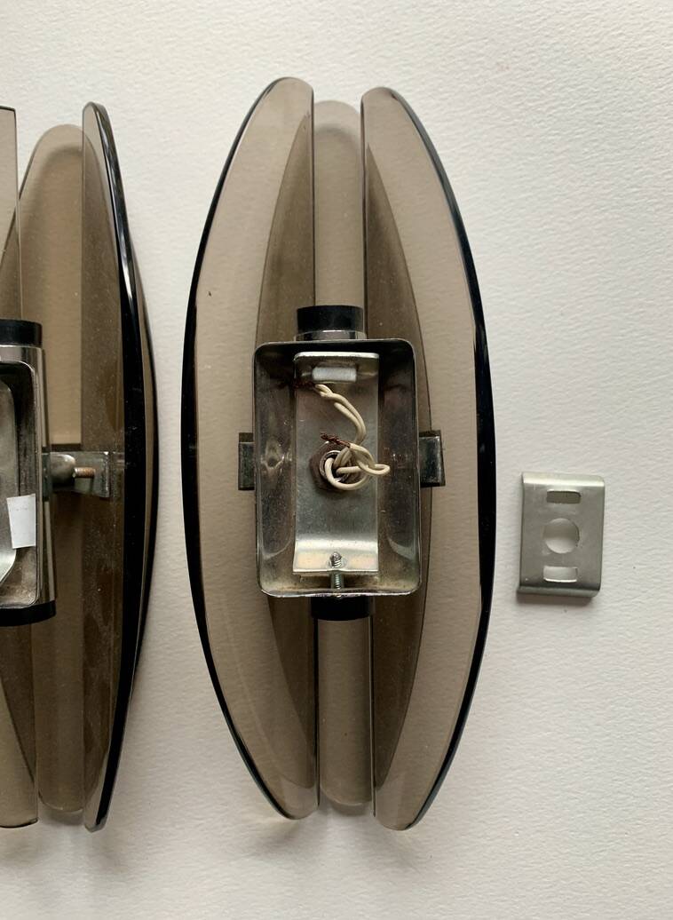 Pair of vintage wall lights 1970 smoked glass and chrome metal veca