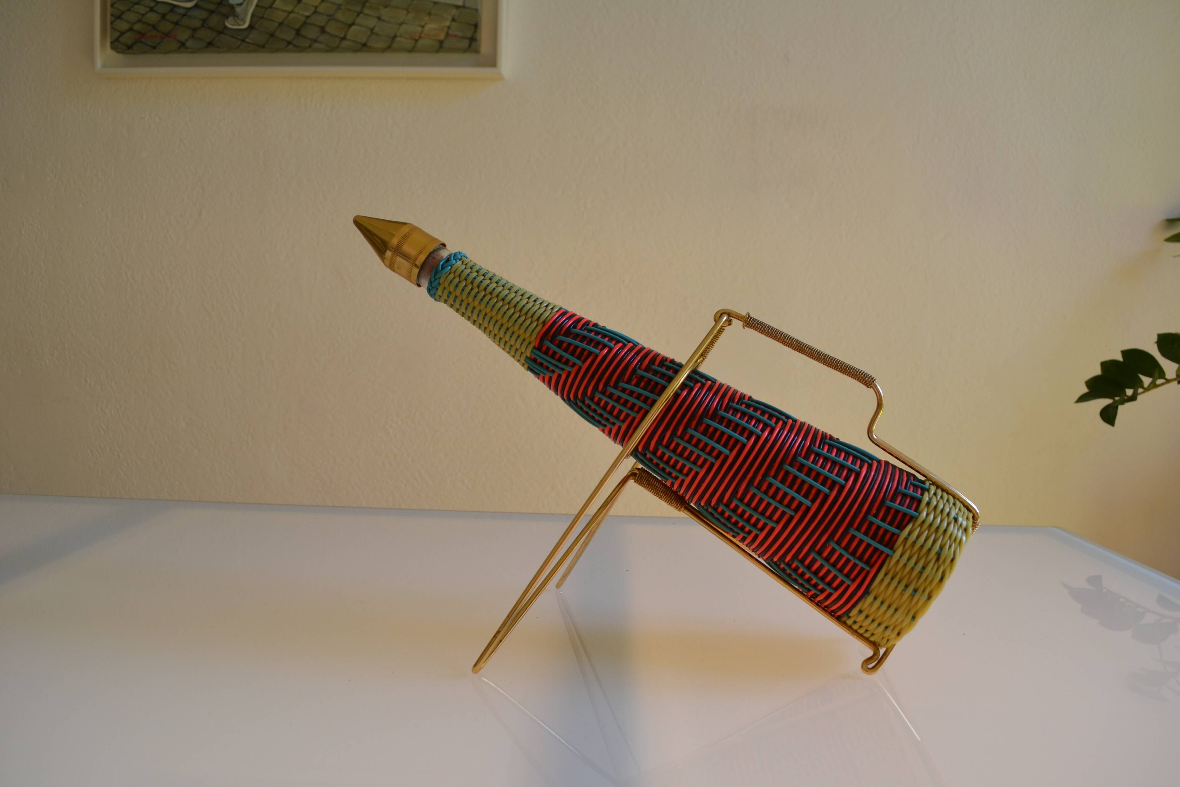 Scoubidou bottle or carafe and its Spoutnik Rocket support Space Age