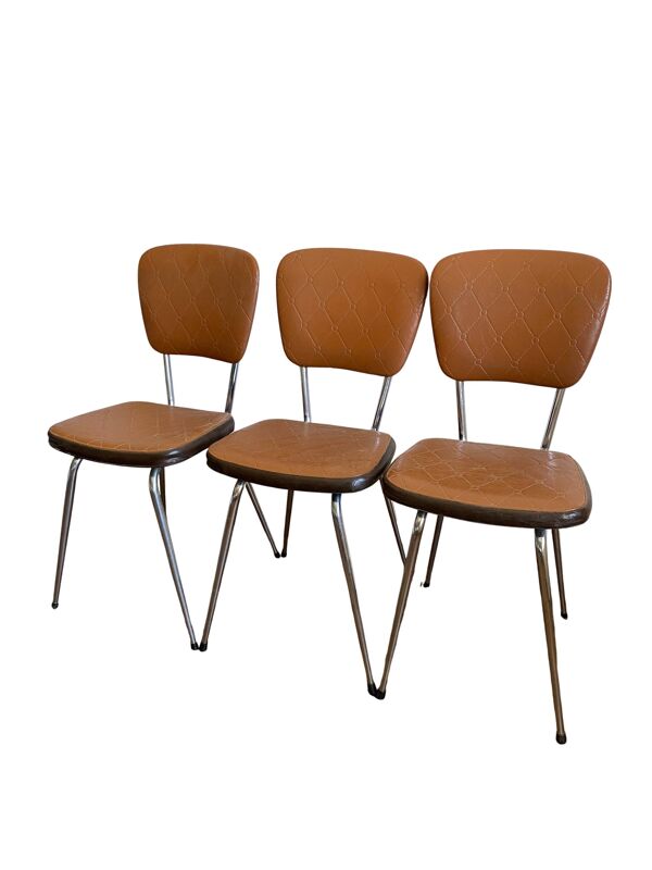 Suite de trois chaises vintage des années 70 en tube d'acier chromé et skaï