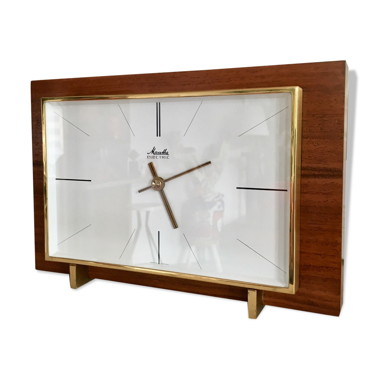 Modernist West German Glass and Brass Wood Clock 1960