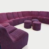 Vintage Snake modular sofa composed of 11 armchair modules and 3 velvet fabric poufs