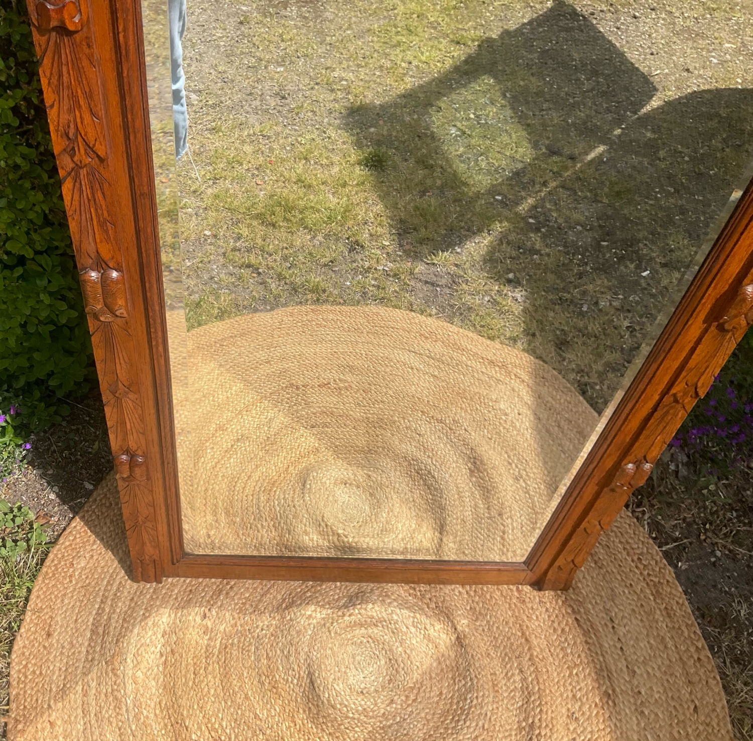 Antique large trumeau mirror in solid wood and bevelled glass.
