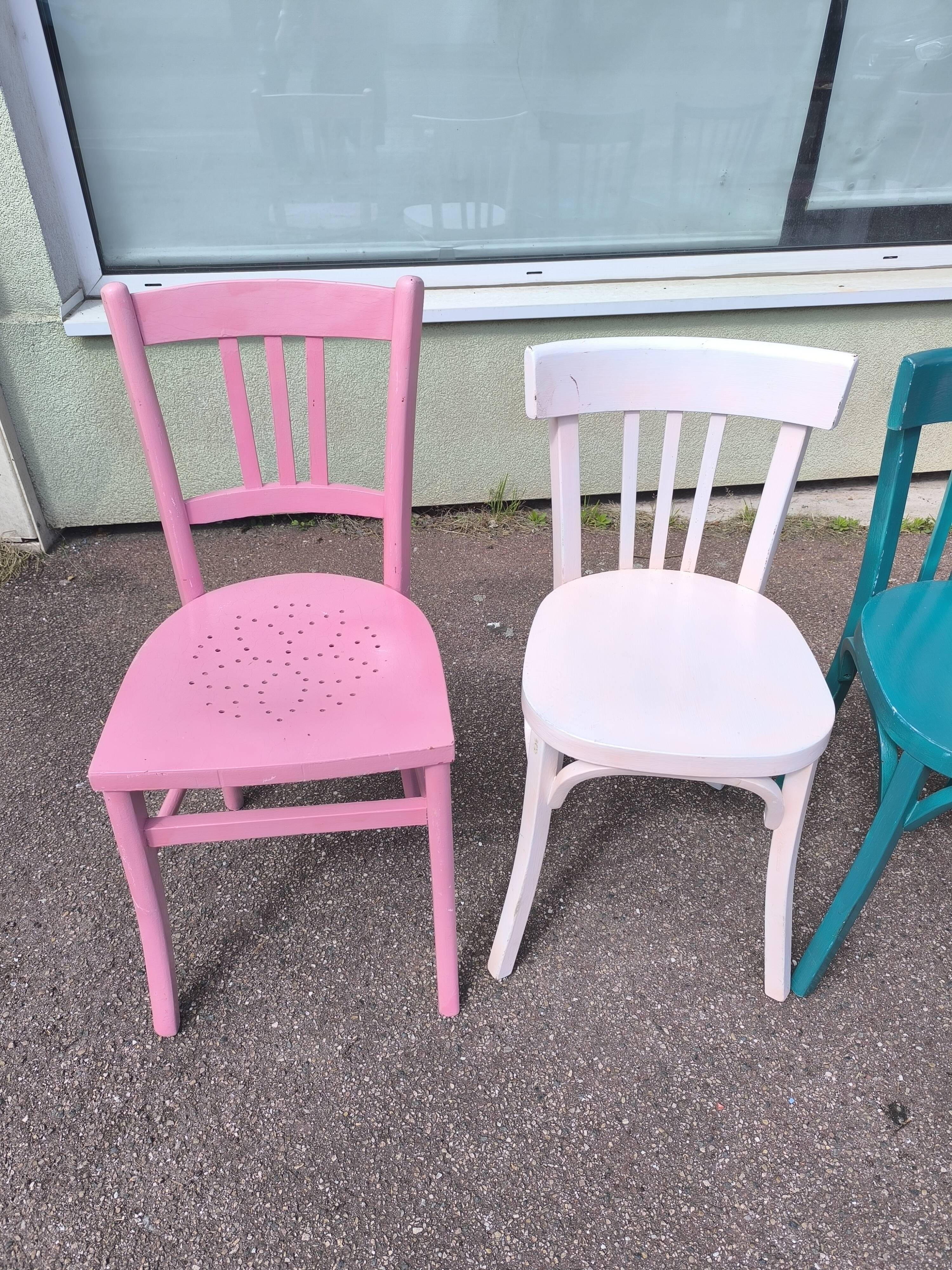 Set of 6 mismatched vintage bistro wooden chairs.