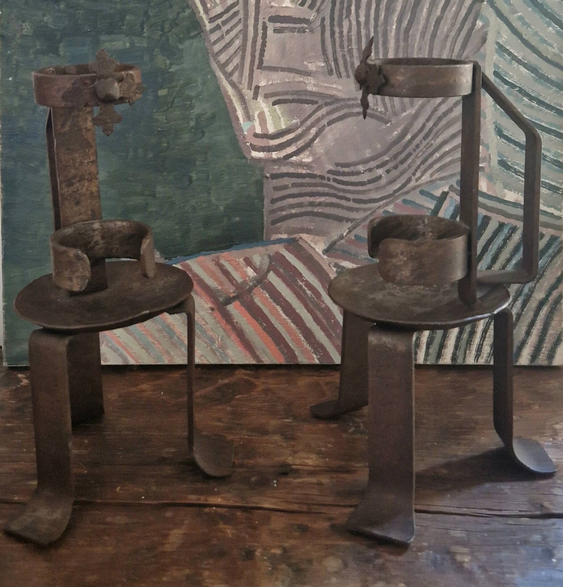 Candle holders in pairs, 20th century, wrought iron, brutalist.