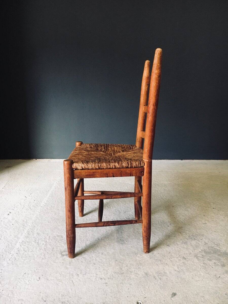 Low rustic ladder back dining chairs in oak and rush, Belgium, 1950s, set of 6.