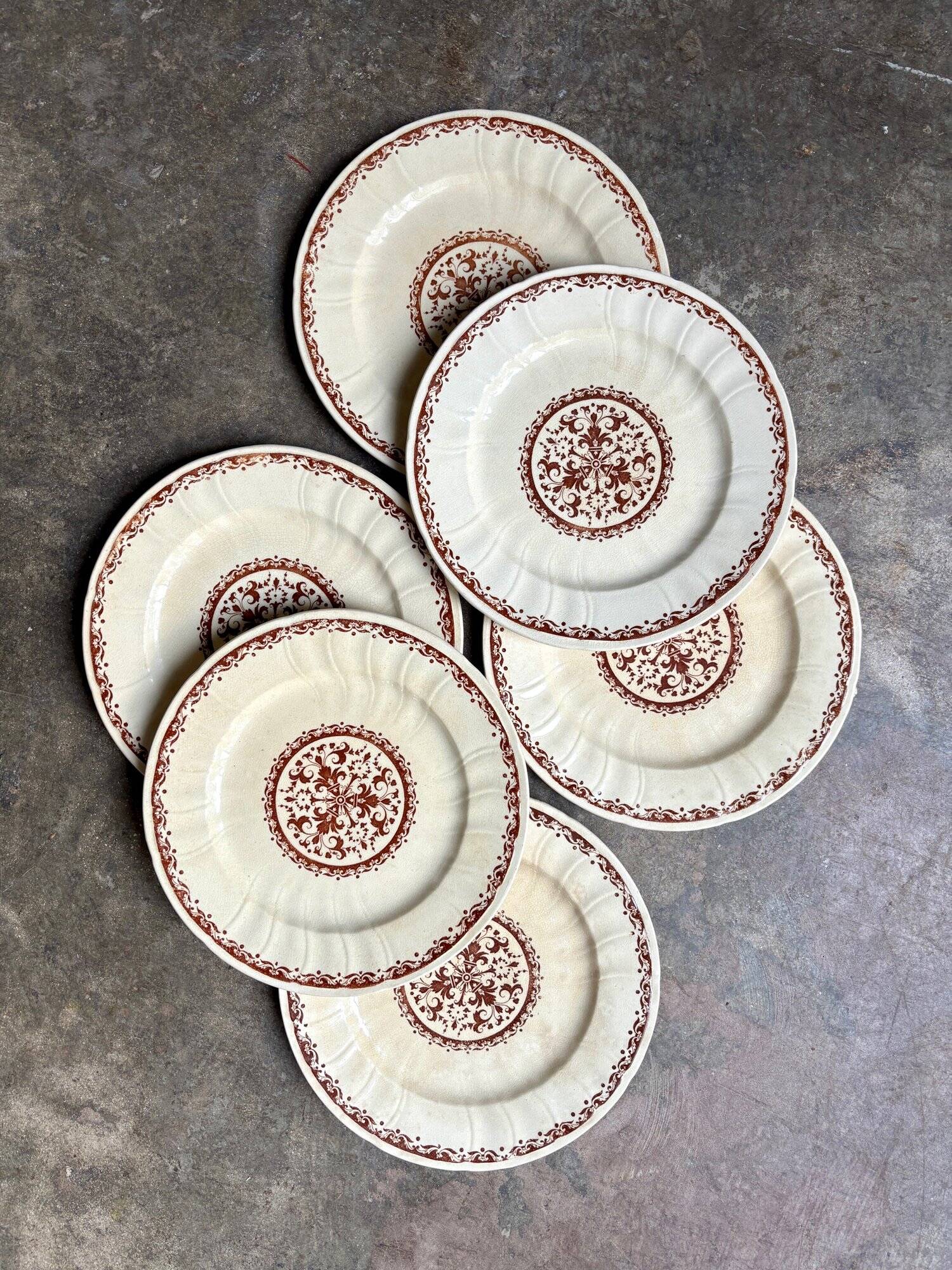 6 Gien dessert plates in ecru and brown ironstone