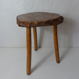 Brutalist side table tripod in vintage wood