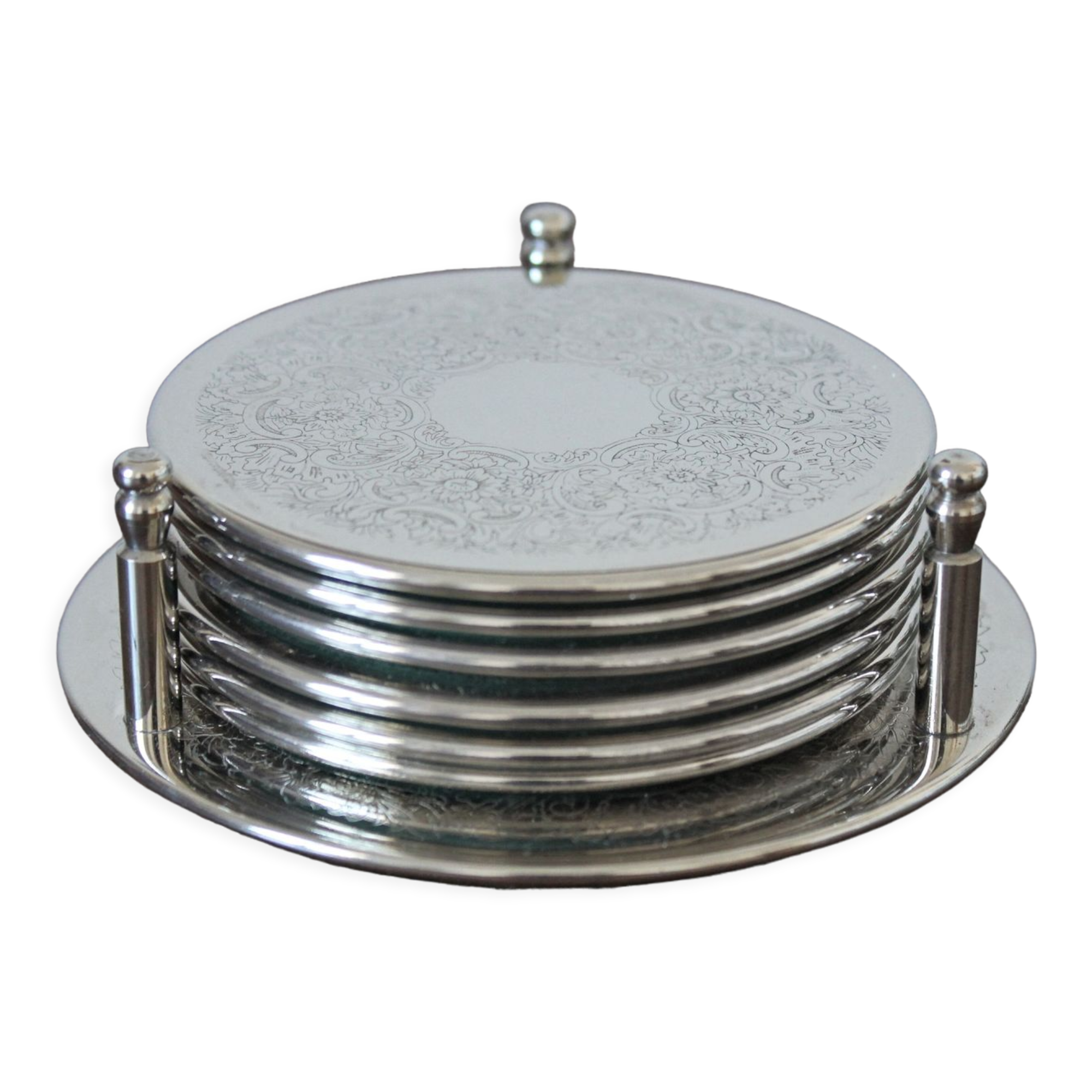 6 vintage chiseled silver metal coasters