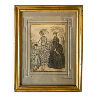 Old frame with illustrated page from the newspaper "Magasin des demoiselles", Paris, 1865