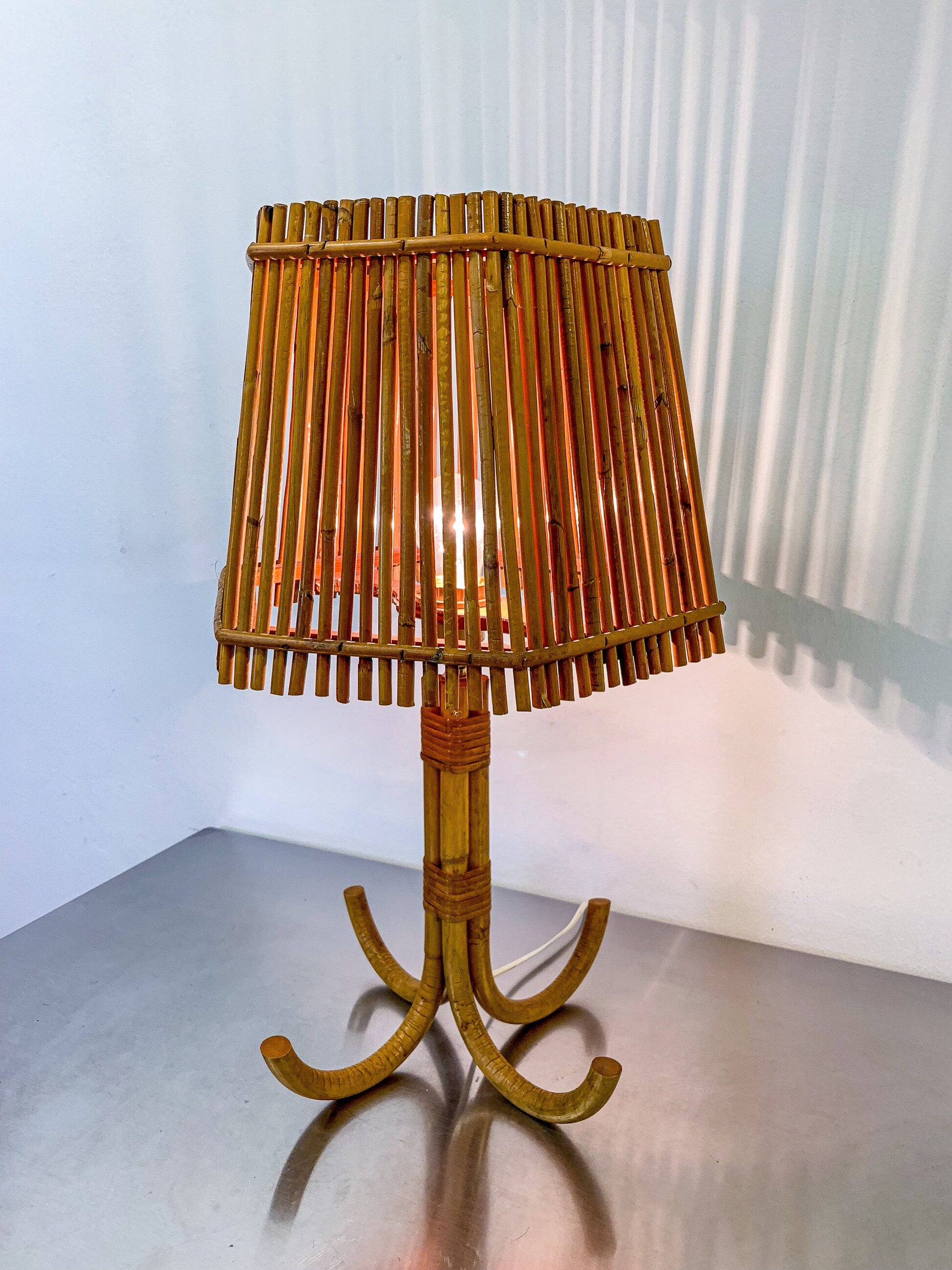 Large Louis Sognot French bamboo & rattan table lamp, France, 1960s