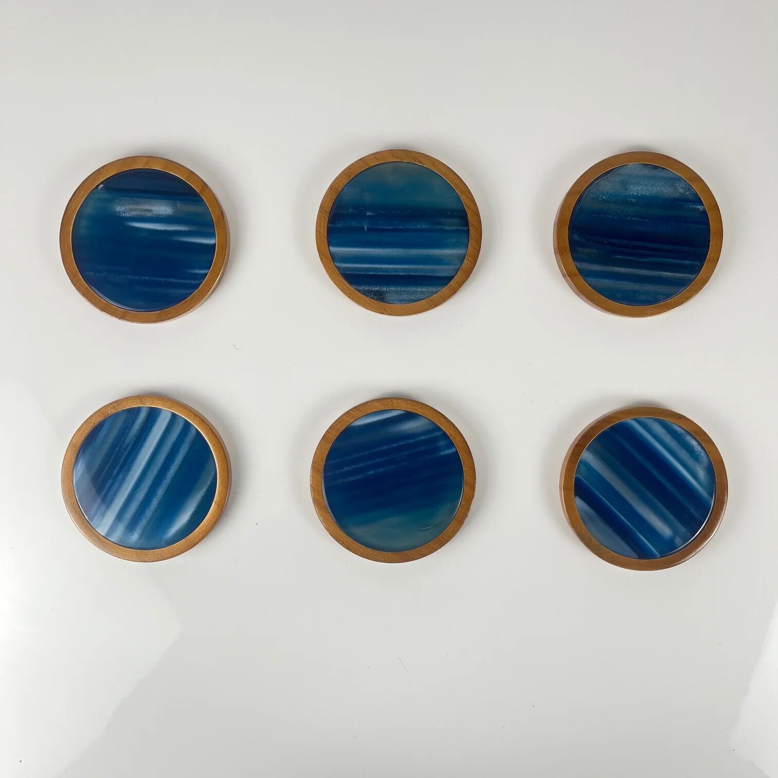Set of 6 blue agate and wood coasters, mid-century modern.