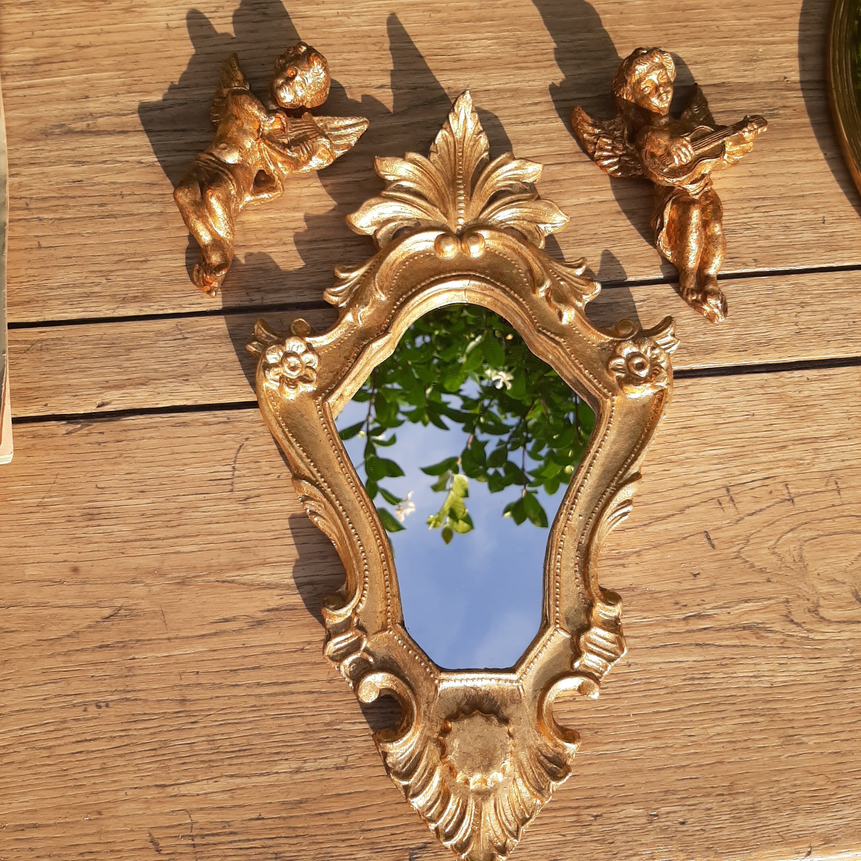 Miroir baroque bois doré et 2 angelots
