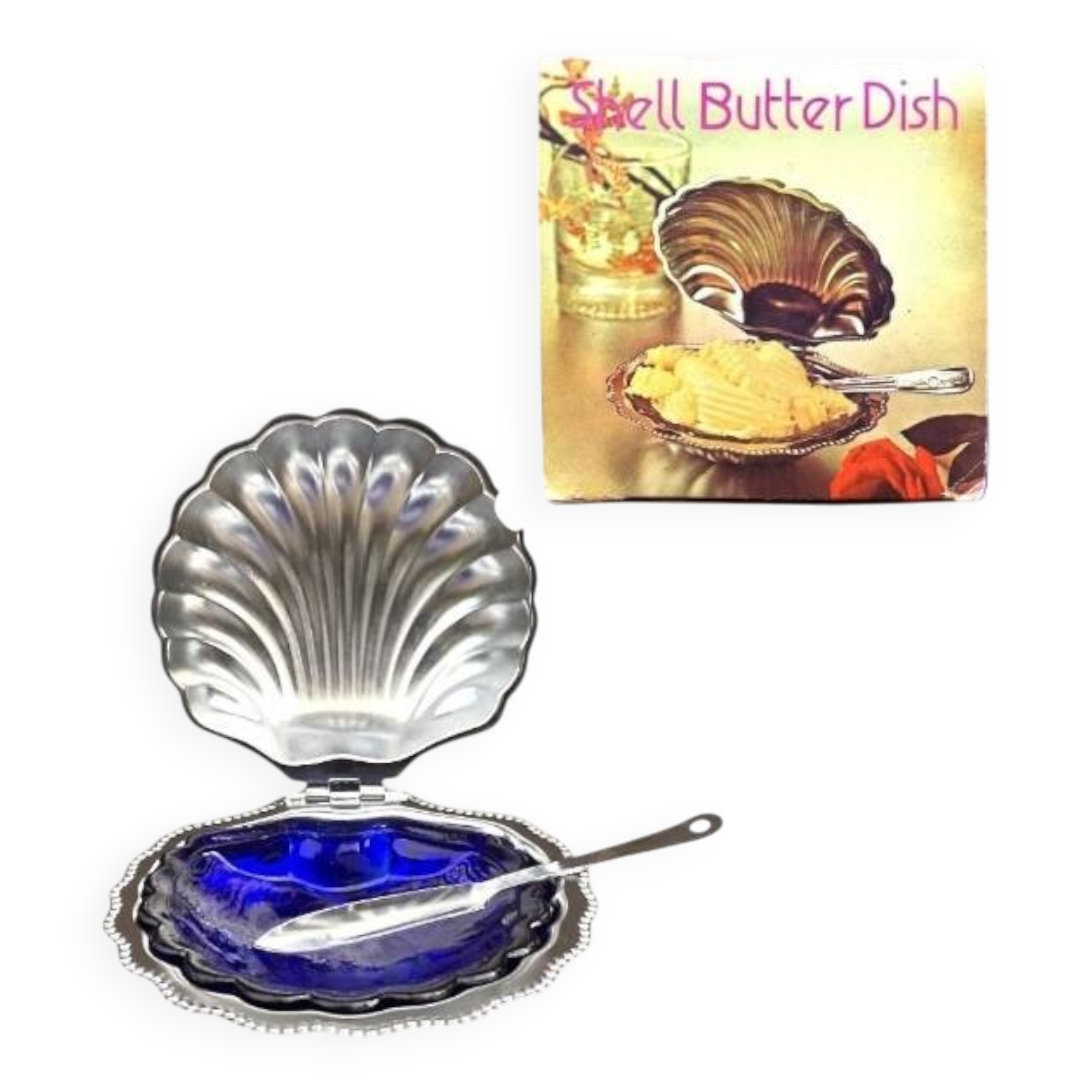 Vintage stainless steel and cobalt blue glass shell butter dish with box + knife