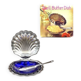 Vintage stainless steel and cobalt blue glass shell butter dish with box + knife