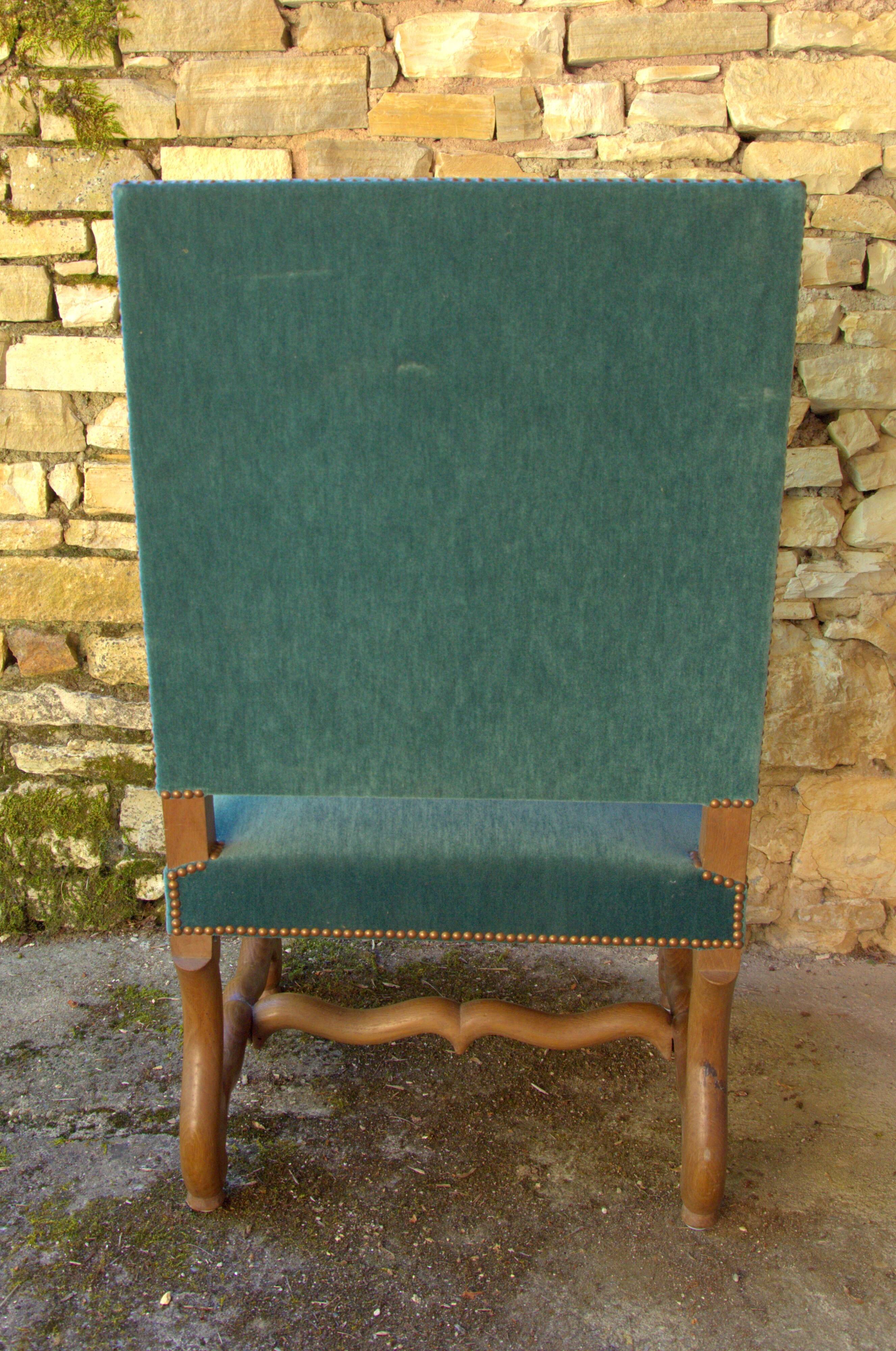 Antique Louis XIII style armchair, duck blue velvet, 67x112cm, G.Besnard