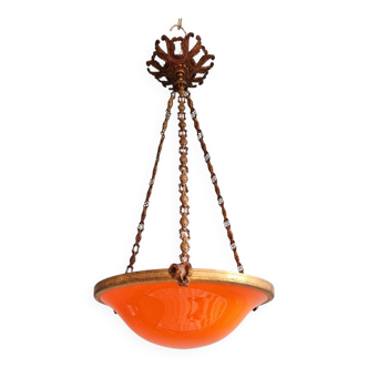 Lustre Art Déco en bronze/laiton et opaline orange, 1920-30
