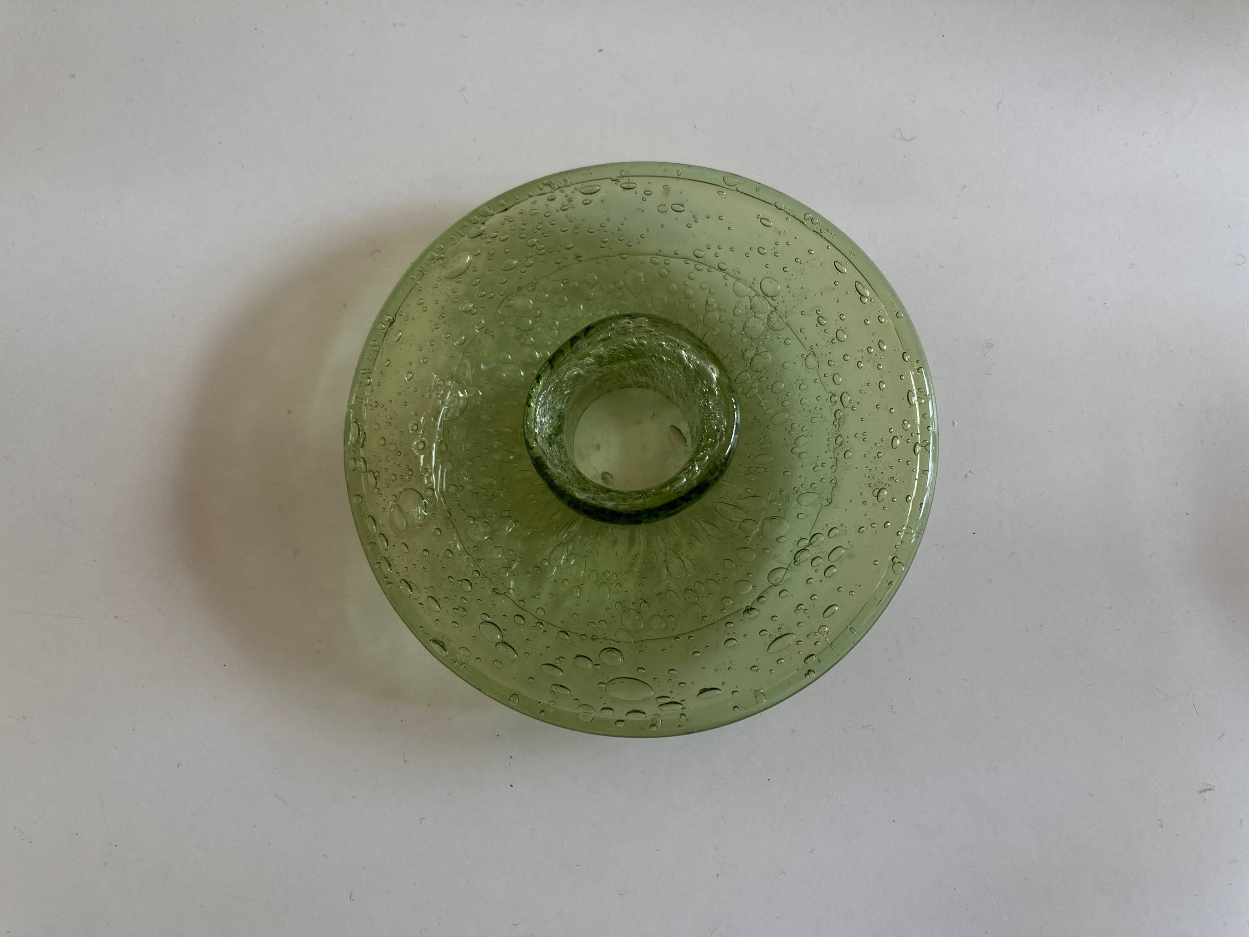 Biot candle holder in lime green bubbled glass 1970