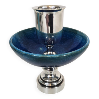 Silver-plated metal and blue crackled ceramic candle holder by Christian Dior