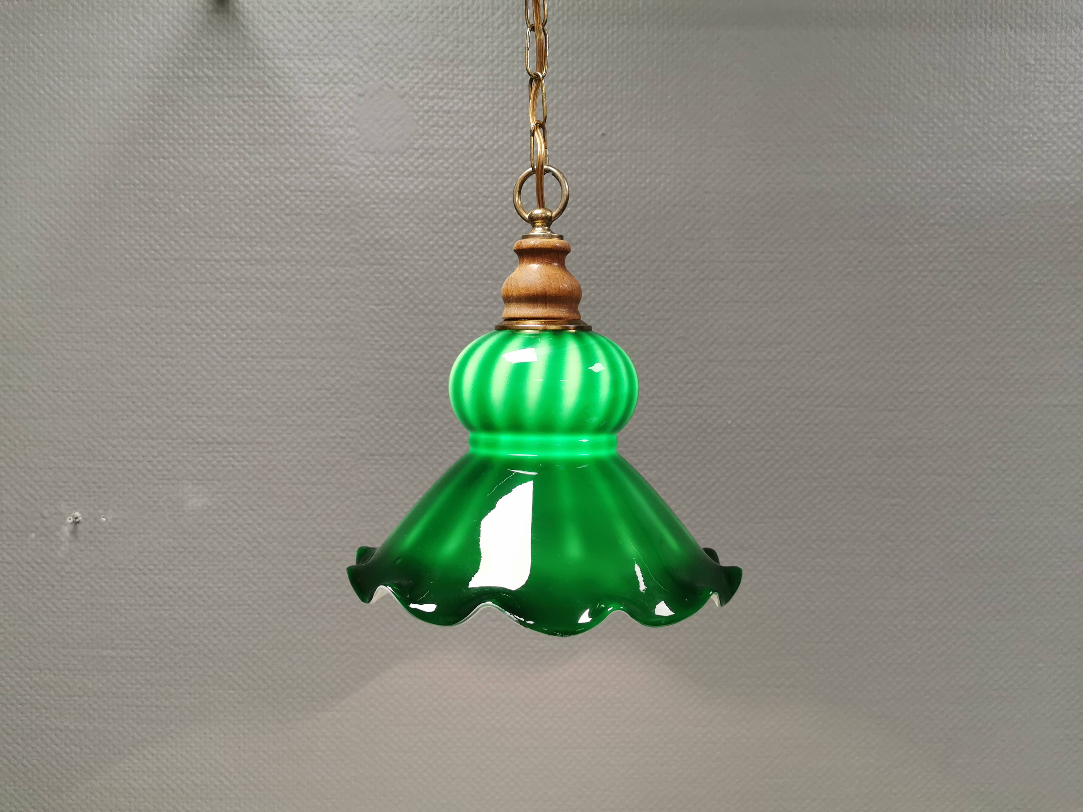 green hanging lamp in double layer glass (white inside) with wooden top and safety chain,