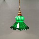 green hanging lamp in double layer glass (white inside) with wooden top and safety chain,
