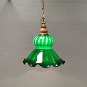 green hanging lamp in double layer glass (white inside) with wooden top and safety chain,