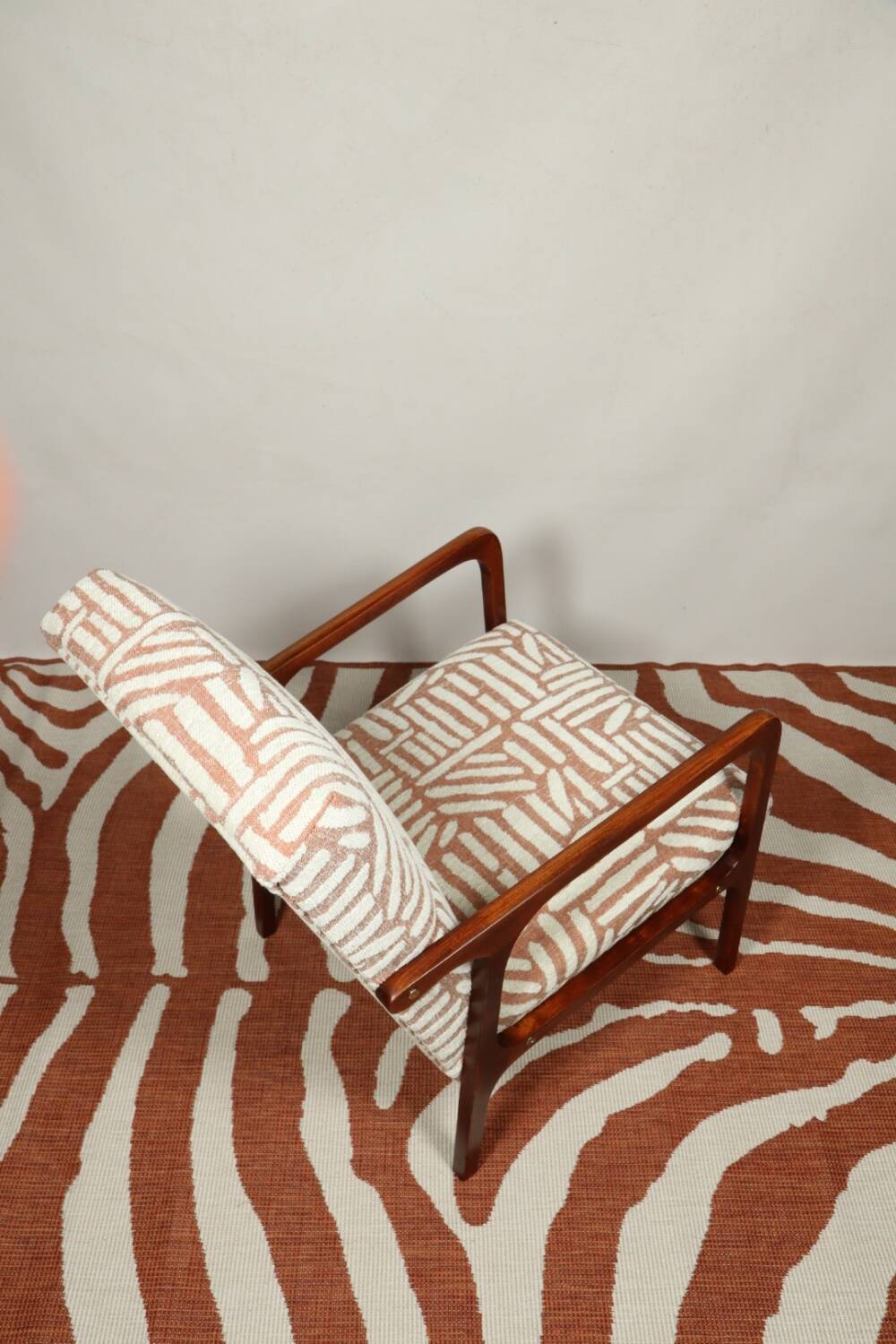 Vintage wooden and fabric armchair, restored, Poland