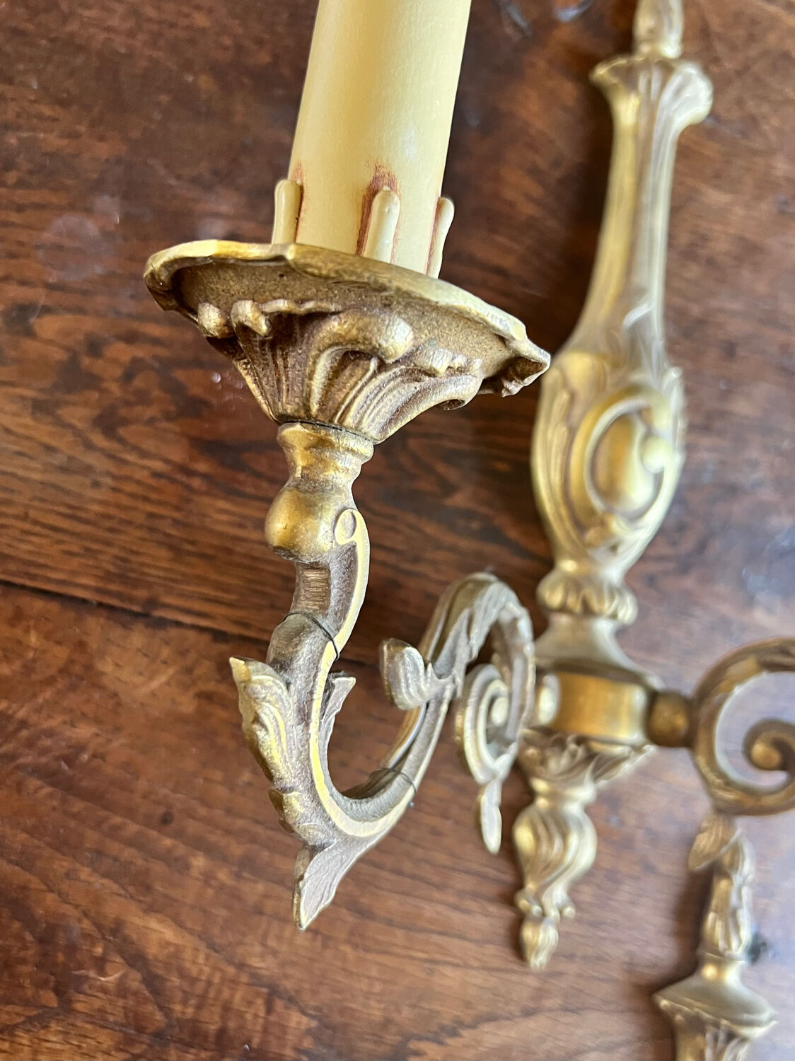 Pair of antique bronze double fire sconces - art nouveau