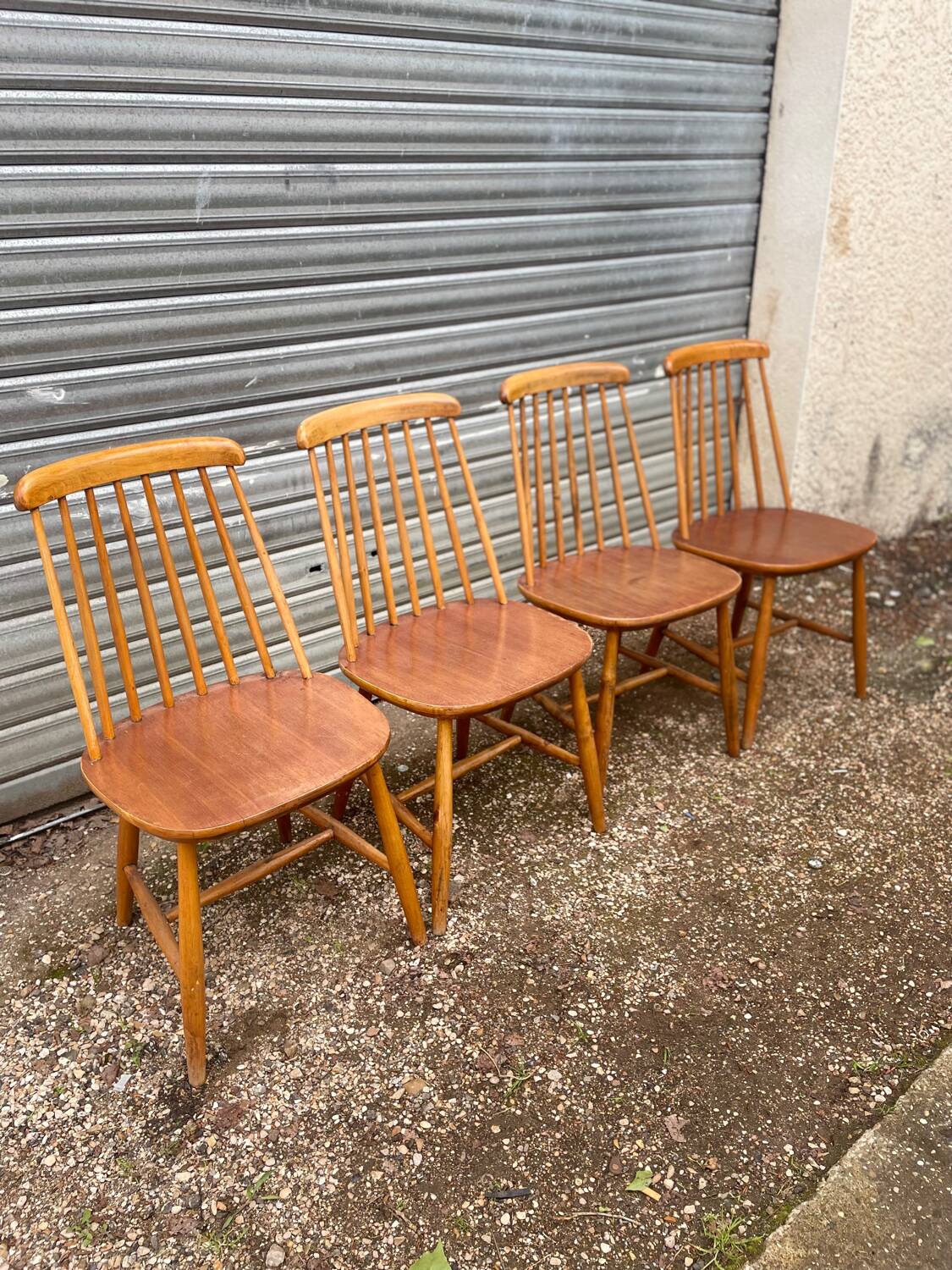 Set of 4 vintage beech chairs with teak seat