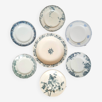 Old mismatched dinner plates accompanied by a dish