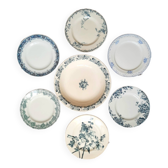 Old mismatched dinner plates accompanied by a dish