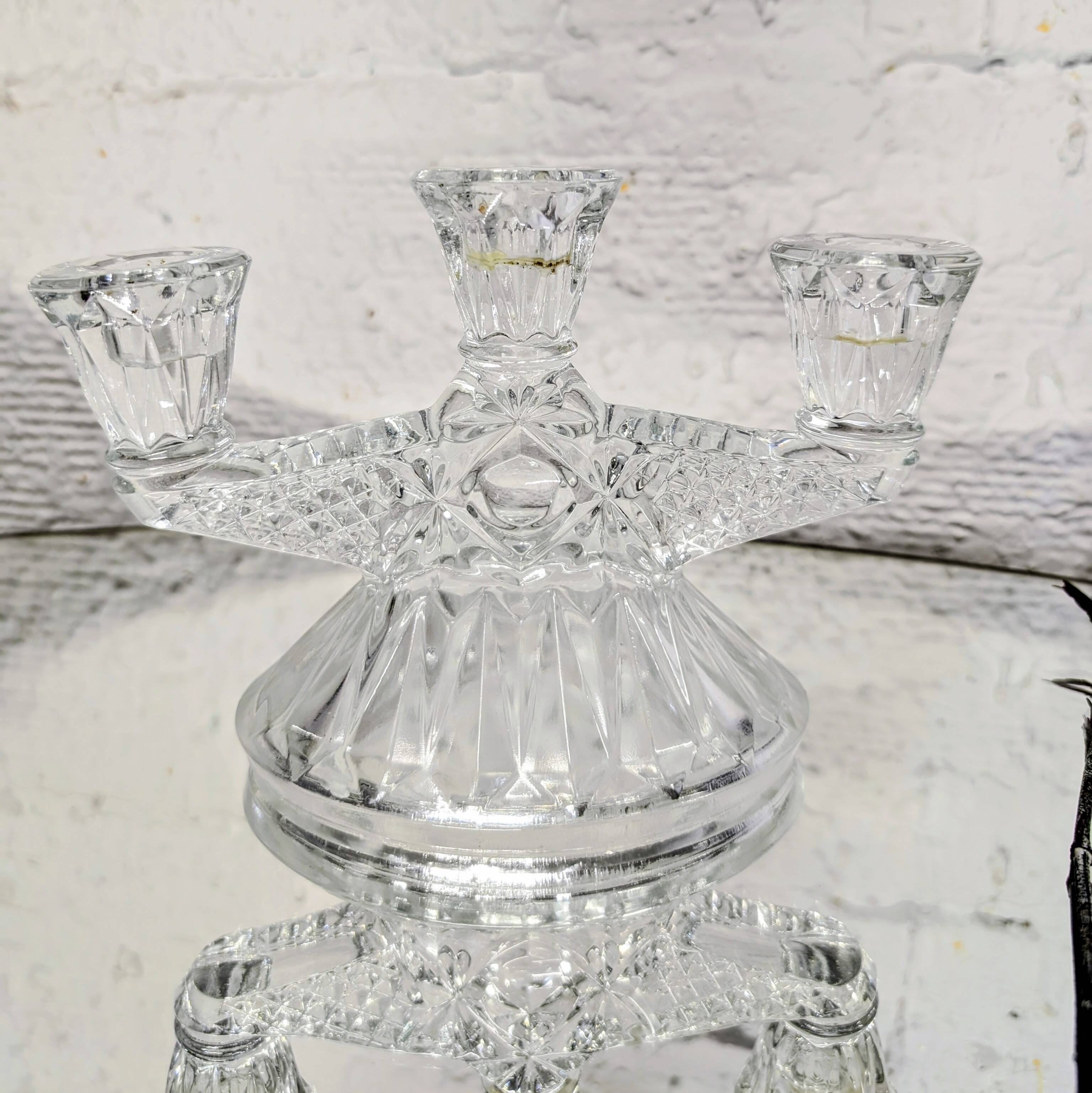 3-arm cut glass candle holder
