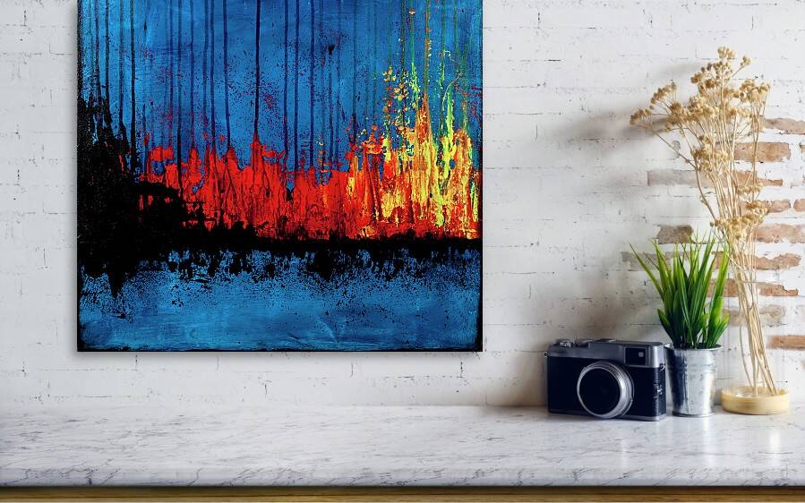 Contemporary abstract artwork in blue, red,black, yelow on stretched canvas
