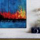 Contemporary abstract artwork in blue, red,black, yelow on stretched canvas