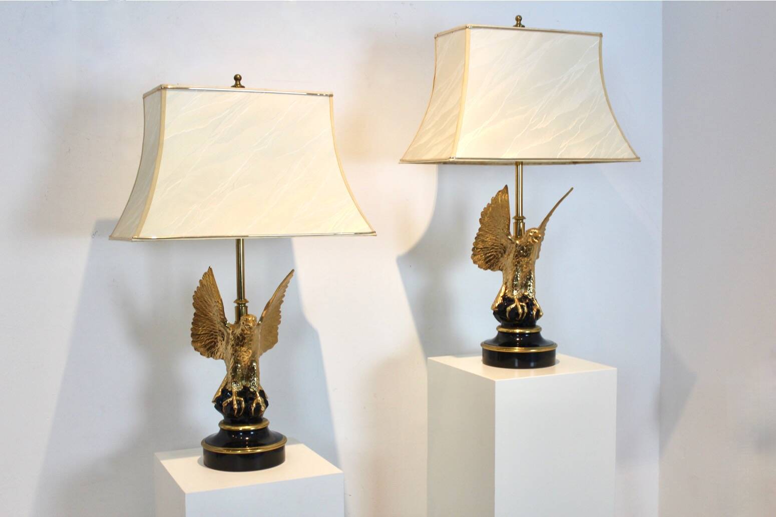 Pair of large Belgian brass carved eagle table lamps
