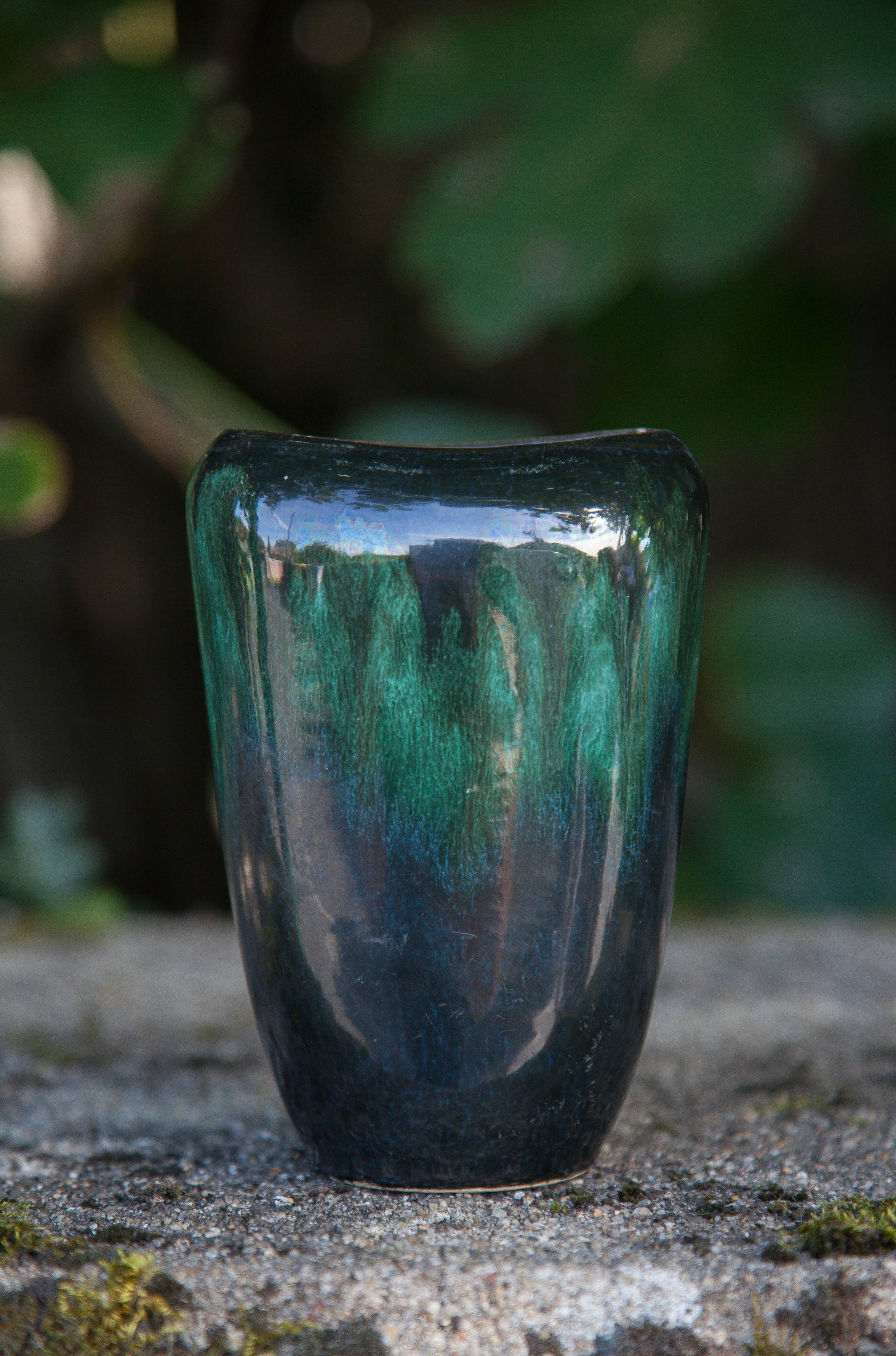 Vase céramique 409/15, vase décoratif, pot à fleurs, vase nuances vert et noir, collection, 60's
