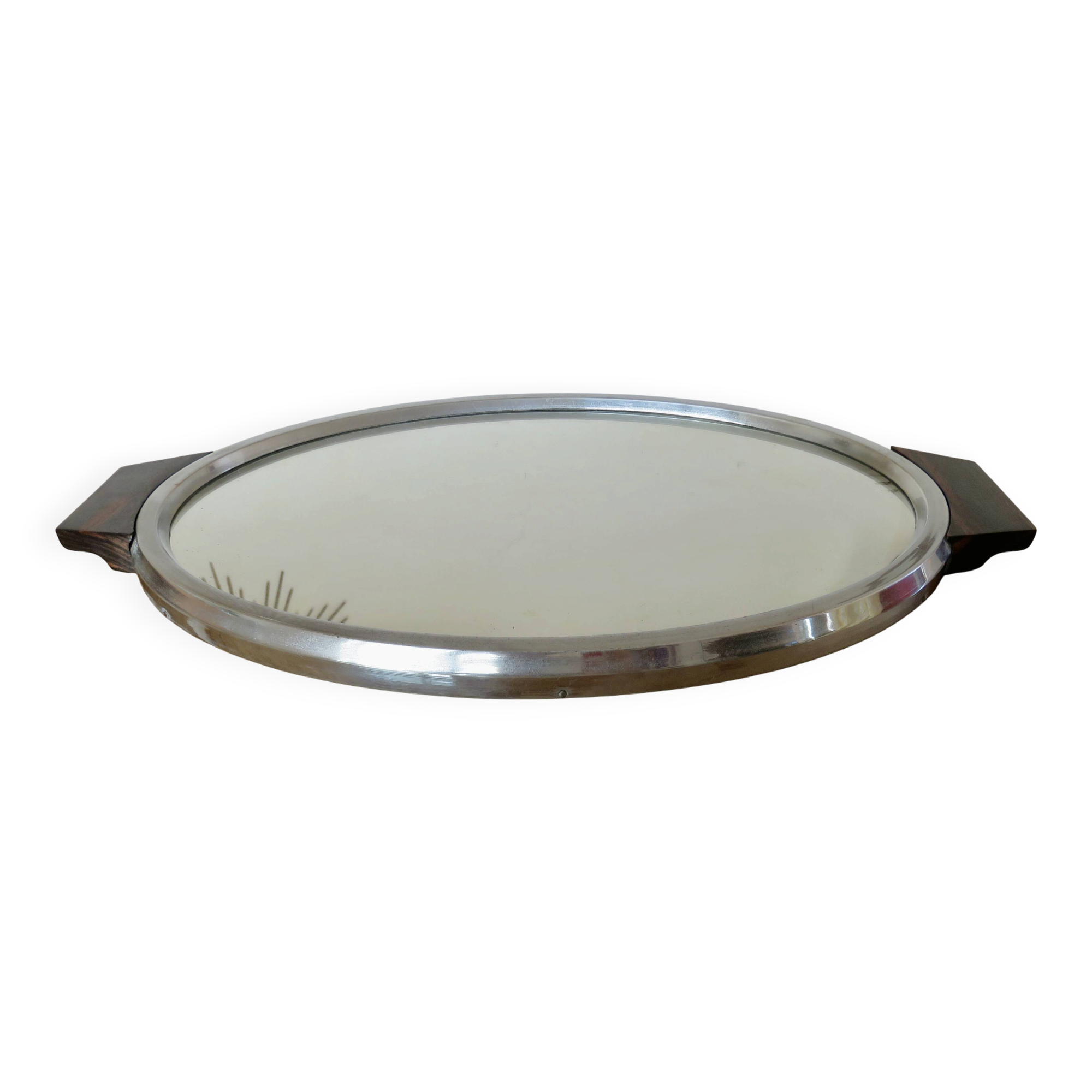 Oval mirror plateau, chrome brass and rosewood, Art Deco, 1920s 30s