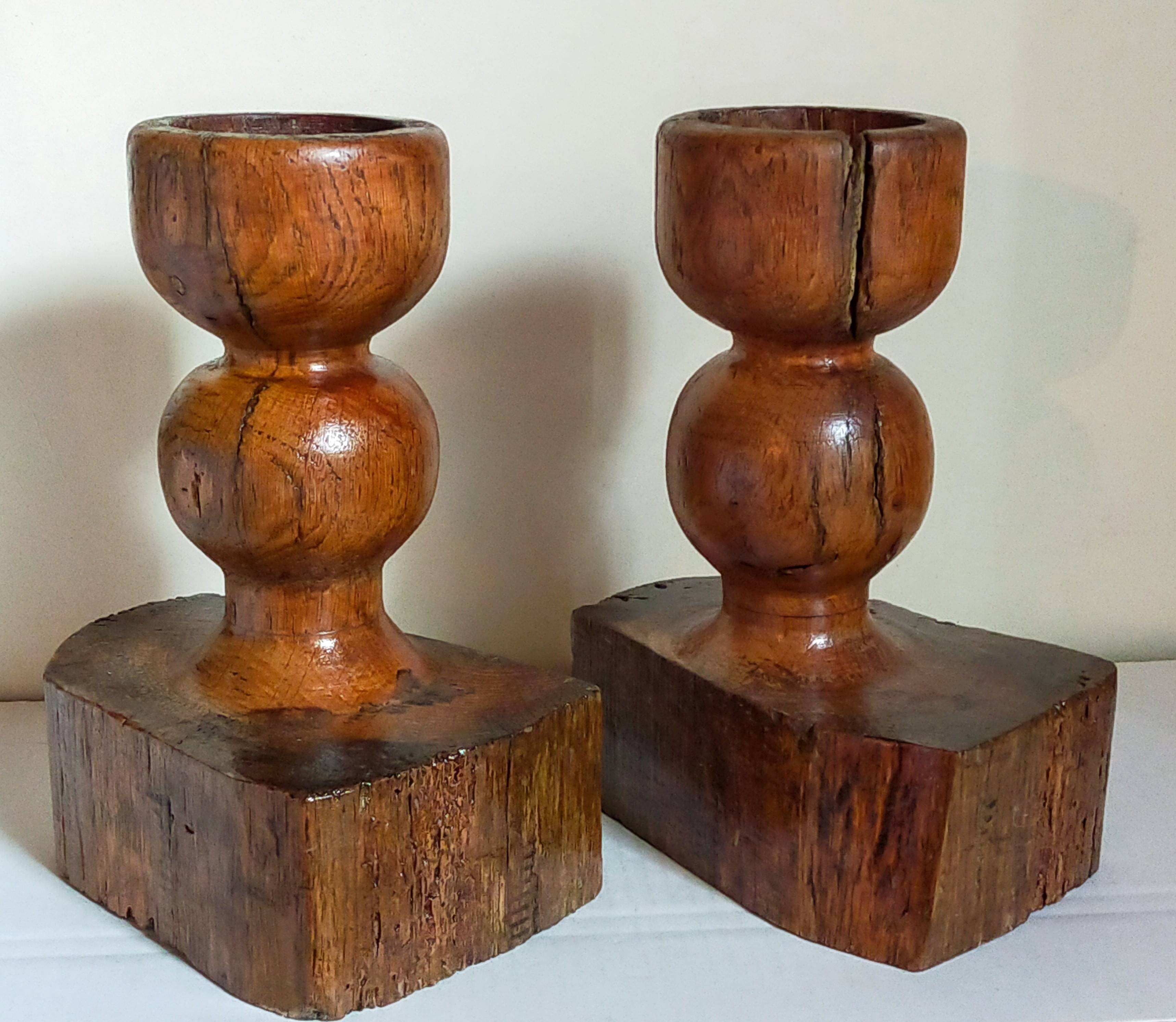 Pair of old brutalist turned solid wood candlesticks
