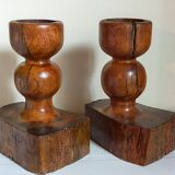 Pair of old brutalist turned solid wood candlesticks