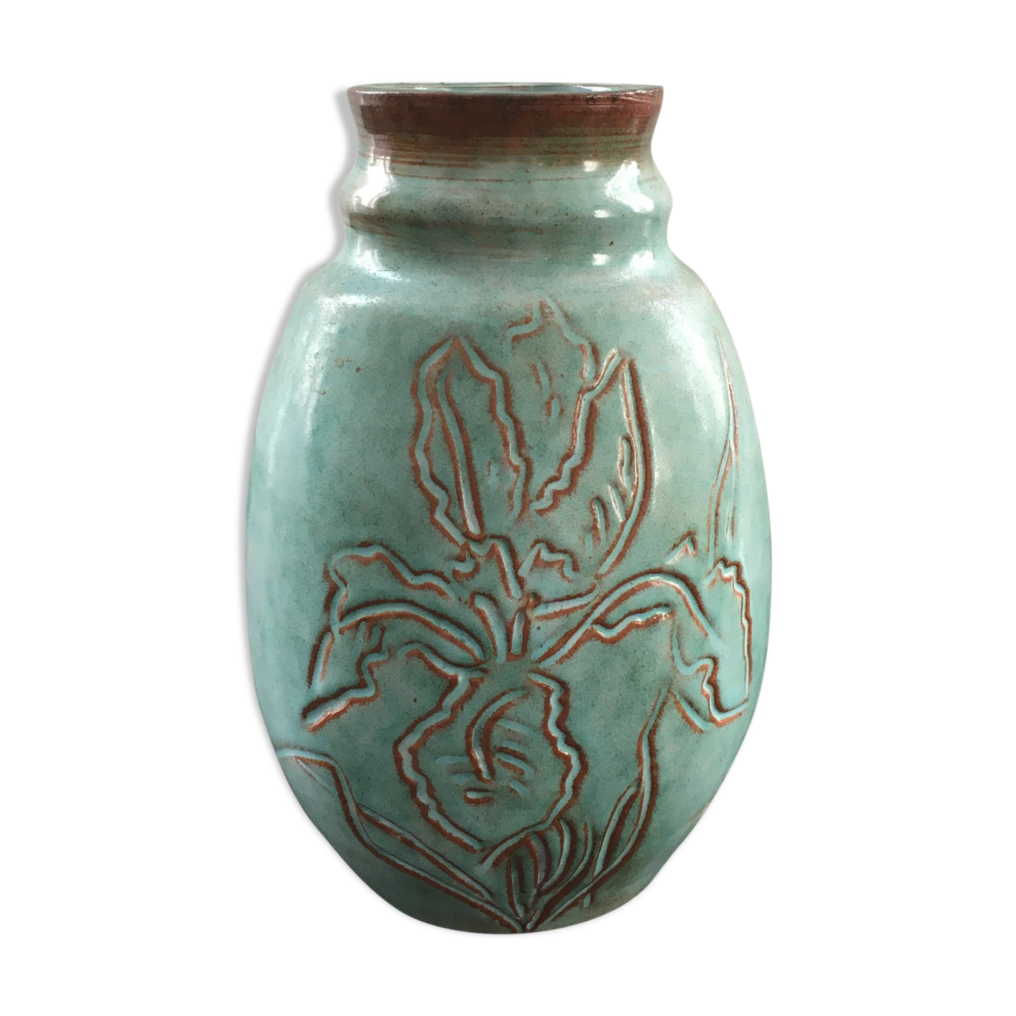 Turquoise vase with iris decoration