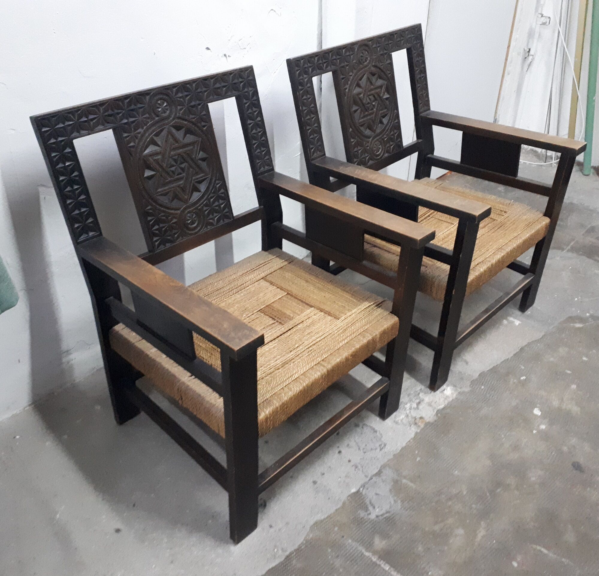 Pair of carved solid wood armchair and vintage rope 1950
