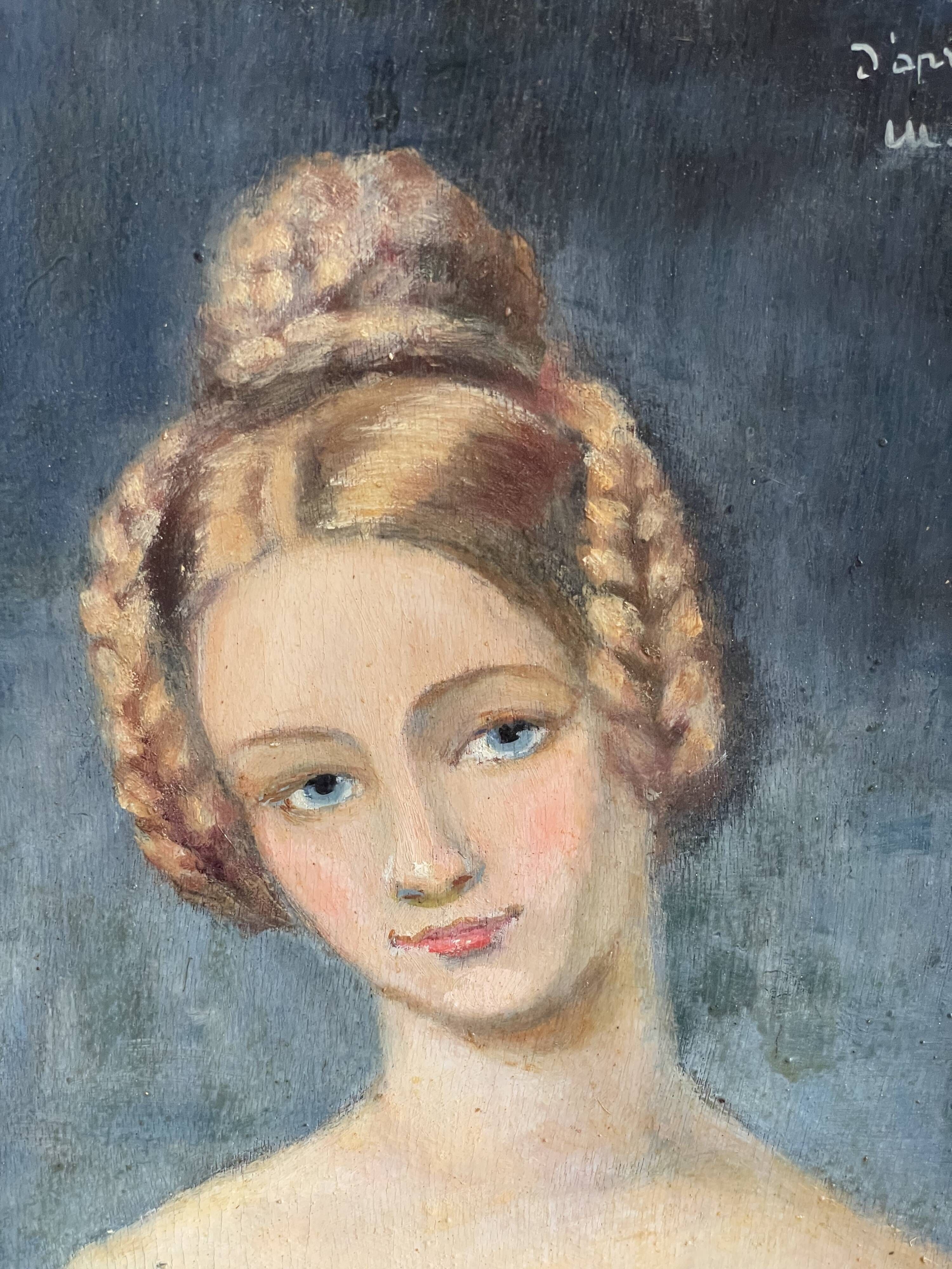 Portrait of young woman painting on wood