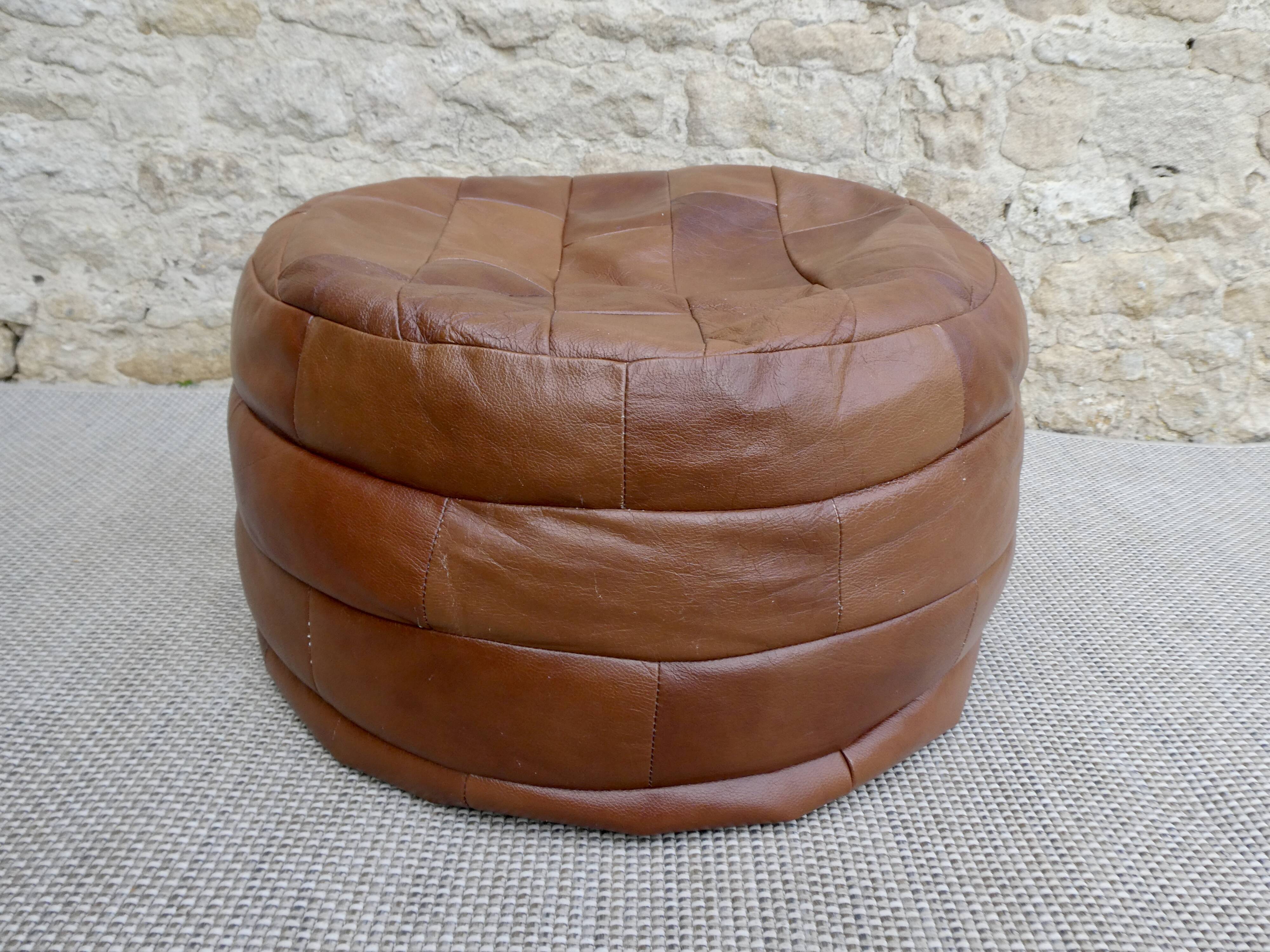 Leather patchwork pouf, 70s