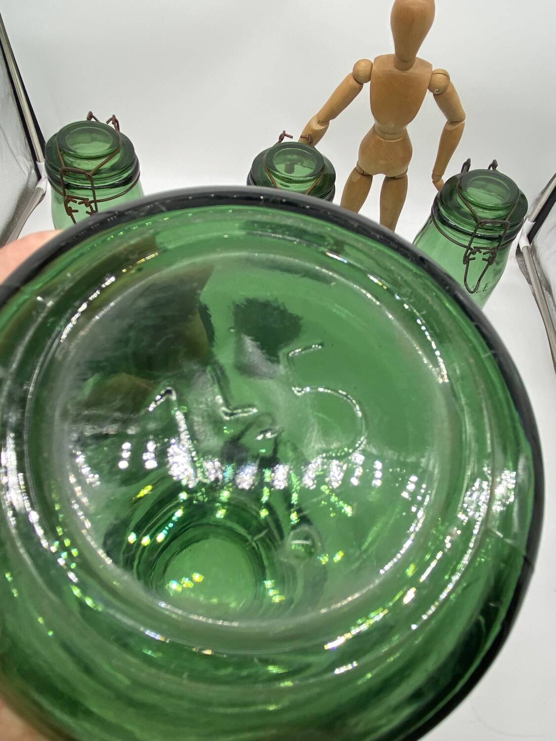 Set of L'ideal jars, old, glass / green