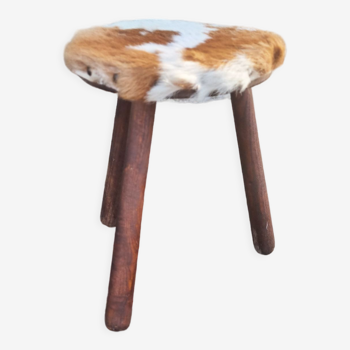 Tabouret tripode bois peau de chèvre vintage années 60