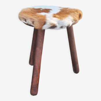 Wooden tripod stool, goatskin, vintage, 60s
