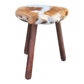 Wooden tripod stool, goatskin, vintage, 60s