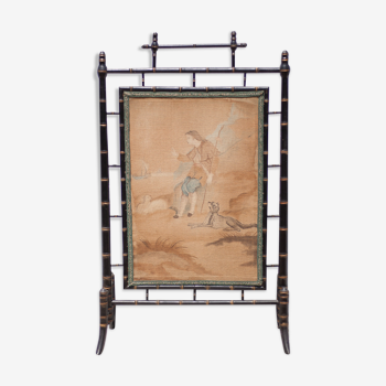 Pare feu en bois Napoléon III imitation bambou, toile de jute avec soie, décoration intérieur