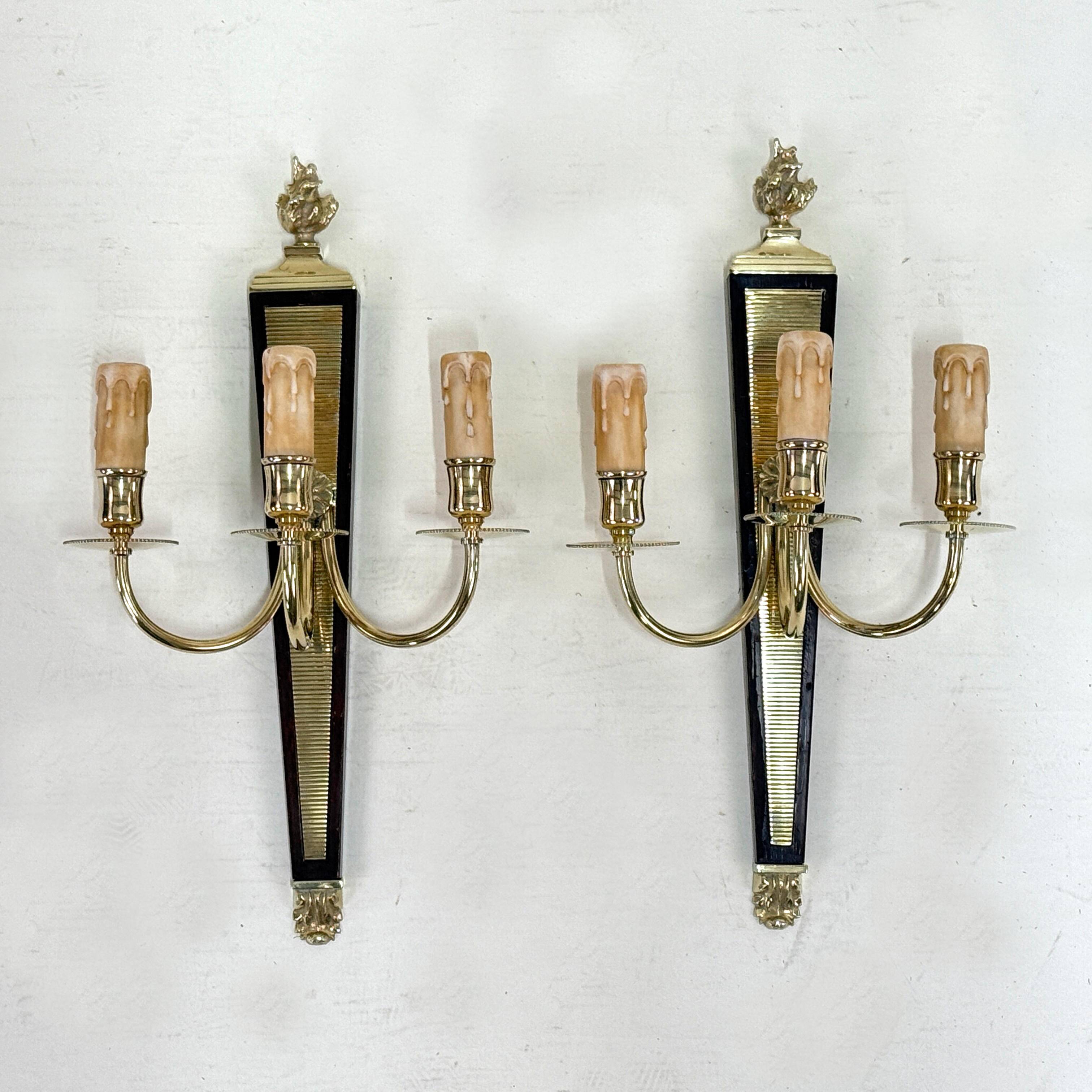 Antique Pair of 3-Light Wall Lights - Gilt Bronze and Mahogany - Neoclassical - 40's