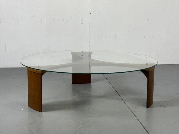 Table basse ronde en wengé et verre de style moderniste du milieu du siècle, années 1970